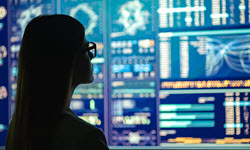 A photograph of a lady looking at cyber screens